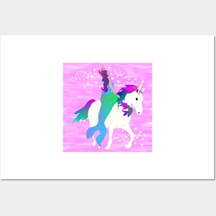 Mermaid on Unicorn with Sparkling Waves Pink 5748 Posters and Art